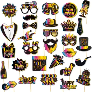 2027 New Year party photo booth props with rainbow neon designs on handheld sticks