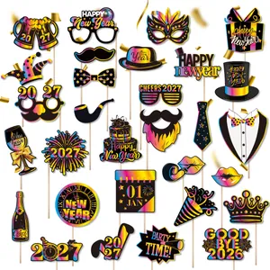 Photo Booth Props Neon Gradient 2026 New Year Theme Cardboard Bamboo Sticks Party Decoration Photography Accessories