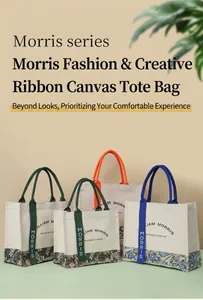 William Morris exhibition style canvas tote bags with elegant decorative ribbons.