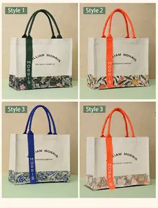 Detail view of four different William Morris canvas tote bag styles with colorful ribbon straps.