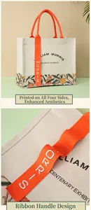 Close-up detail of Morris canvas tote bag featuring orange ribbon handles and floral prints