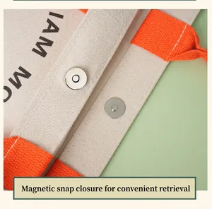 Macro view showing the magnetic snap button closure on a canvas handbag for detail