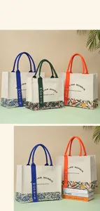 William Morris floral canvas tote bag with colorful ribbon handles for gift packing