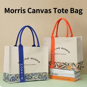 Elegant William Morris floral canvas tote bag with stylish colorful ribbon handles