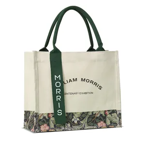 Large capacity William Morris exhibition canvas tote bag with floral print and ribbon