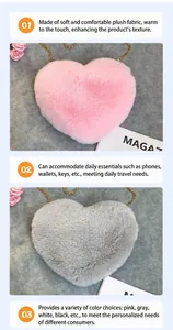 Heart-shaped plush crossbody bags in pink and grey with elegant gold chain straps.