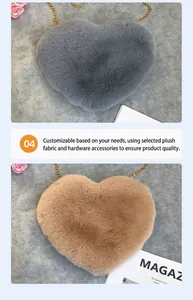 Detailed view of soft heart-shaped plush crossbody bag with delicate gold chain