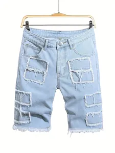 Men's Light Blue Distressed Ripped Denim Shorts With Frayed Hem Streetwear Casual Summer Washed Cotton Blend Jean Shorts For Men