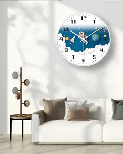 Creative astronaut space wall clock displayed in a minimalist modern living room.