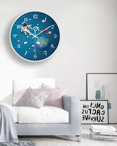 Astronaut space theme silent wall clock shown in a modern minimalist living room setting