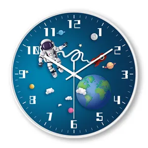 Modern silent wall clock with a creative astronaut space theme for kids room decor