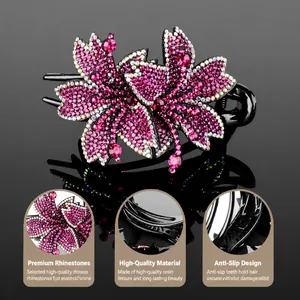 Elegant black resin hair clip with sparkling pink rhinestone flower for women's hair styling