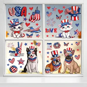 Autocollants Fenêtre Fête Indépendance Recto Verso Statiques PVC Patriotique 4 Juillet Chat Chien Dessin Animé