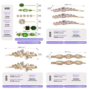 Detailed dimensions and weight for various rhinestone bobby pin hair accessories
