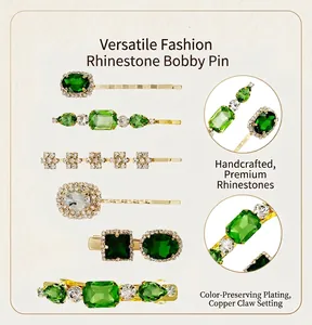 Macro view of green crystal bobby pins featuring premium gold-plated copper claw settings