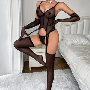 Sexy black mesh lingerie set including sheer bodysuit, long gloves, and stockings
