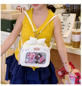 Detailed view of white Ita-bag featuring a transparent PVC window and a large bow