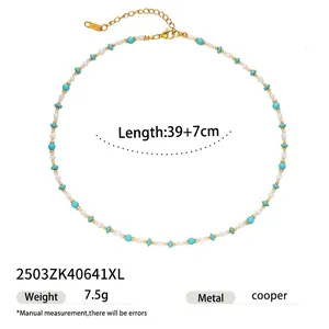 Detail of beaded necklace with blue and white shells, 39+7cm length and 7.5g weight