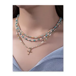 Stainless Steel Beaded Necklace Natural Shell Turquoise Cross Pendant For Women Gold Plated Bohemian Jewelry Necklace