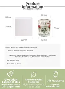 Detail view of scented jelly candle specifications with glass jar and white gift box
