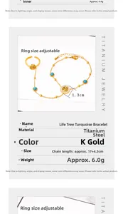 Macro detail of titanium tree of life ring bracelet with turquoise beads and gold finish
