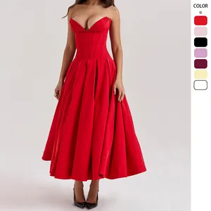 Detailed view of corset bodice with boning and v-neckline on a red evening gown
