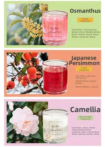Detailed view of three scented candles with Osmanthus, Persimmon and Camellia notes