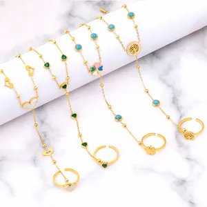 Titanium Steel Hand Harness Ring Bracelet For Women Gold Plated Heart Tree of Life Clover Shell Zirconia Hand Back Chain Jewelry Gift