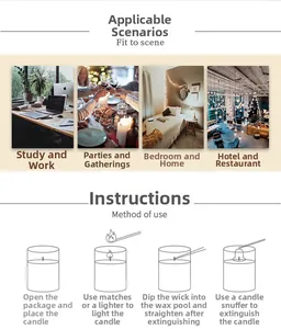 Instructional guide for shell scented candle showing usage steps and home lifestyle scenes