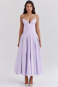 Detailed corset stitching and deep V-neckline of the lavender midi dress