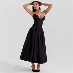 Elegant black corset dress with boning v-neckline and large pleated A-line skirt
