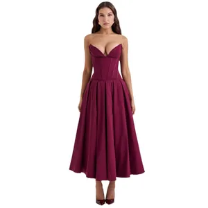 Elegant wine red deep V-neck corset maxi dress with voluminous pleated skirt