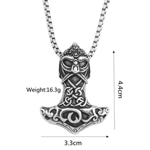 Vintage stainless steel Mjölnir pendant necklace with Viking totems on silver chain