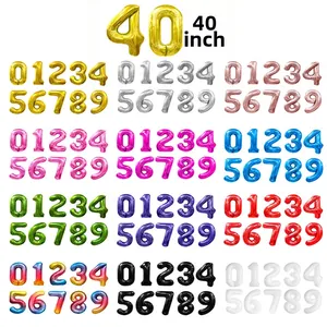 Matrix display of 40-inch foil number balloons in twelve colors for birthday parties