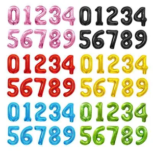 Matrix display of colorful 40 inch foil number balloons in six vibrant metallic colors
