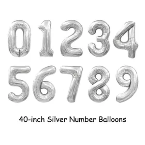 Set of 40-inch silver number balloons 0-9 with metallic foil texture for parties