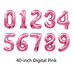 Collection of 40 inch pink foil number balloons zero to nine on white background