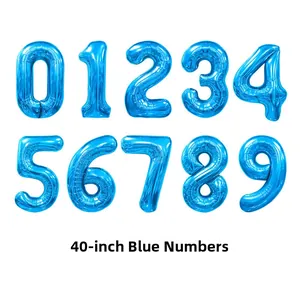 Detailed collection of 40-inch blue number foil balloons from zero to nine for parties