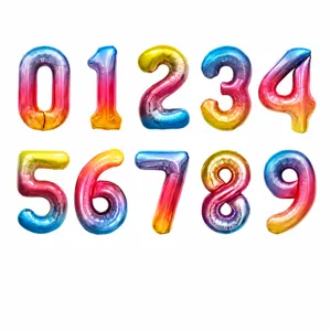 Collection of 40-inch gradient rainbow foil number balloons from 0 to 9 for parties