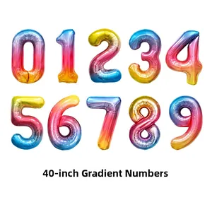 Collection of 40-inch gradient rainbow foil number balloons from 0 to 9 for parties