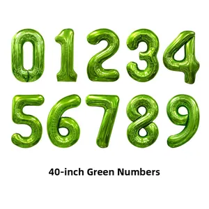 Macro detail of 40-inch metallic green number balloons from zero to nine