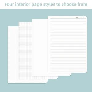 A5 premium notebook showing dotted, grid, blank, and lined interior page styles