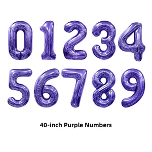 Set of 40-inch purple foil number balloons from 0 to 9 with metallic mirror finish