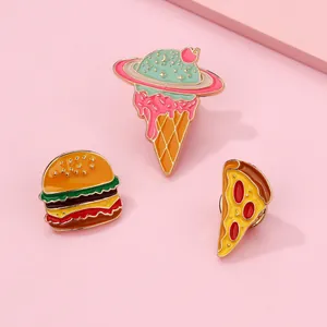 Creative enamel pins set featuring burger pizza and planet ice cream icons for clothing