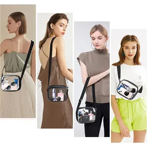 Vielseitige Ansichten einer transparenten PVC-Umhängetasche mit Inhalt und Tragebeispiel