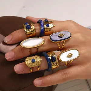 Edelstahl Ring-Set mit Lapislazuli und Perlen für Damen in Gold-Ausführung