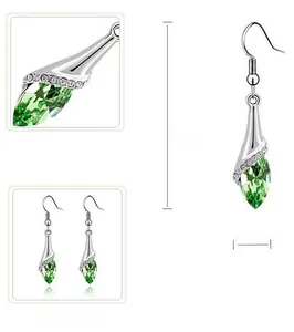 Detail of marquise cut green crystal earrings with silver metal hooks, 4.5cm length