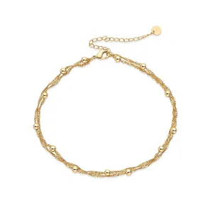 Three-layer 18K gold plated water wave chain anklet with beads and lobster clasp