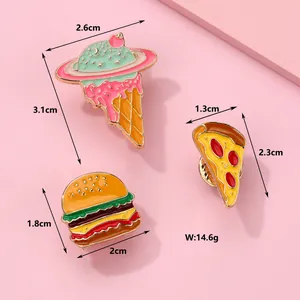 Three-piece food enamel pins set featuring ice cream, pizza, and burger for clothing decor