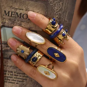 Vintage Ring-Set aus vergoldetem Edelstahl mit blauem Lapislazuli und Muscheleinlage